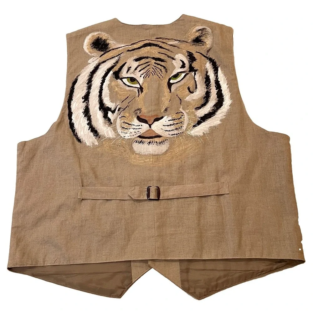 Vtg Natural Rythms Safari Linen Vest Waist Coat L Hand Painted Tiger Pockets Art